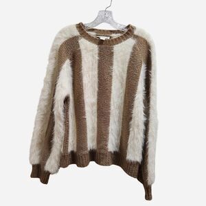 Loveriche Fuzzy Knit Sweater Womens S Cream and Brown Oversized Cozy